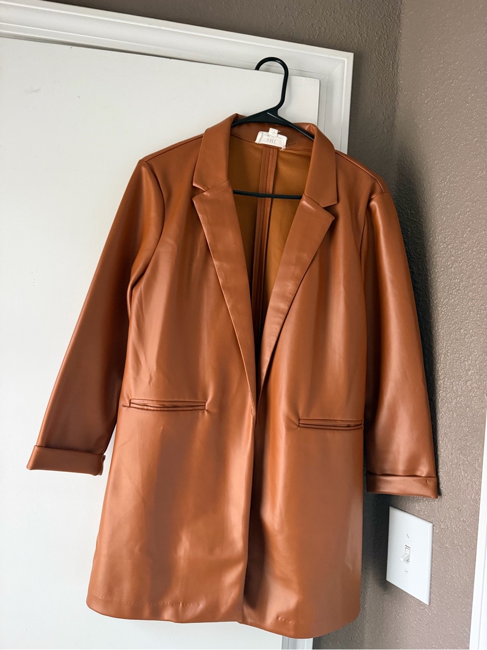 Have Faux Leather Long Blazer Jacket - Cognac Brown